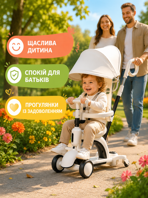 Детский самокат-трансформер 5в1 белый с сиденьем козырьком родительской ручкой и подсветкой колес (49675952) - изображение 8