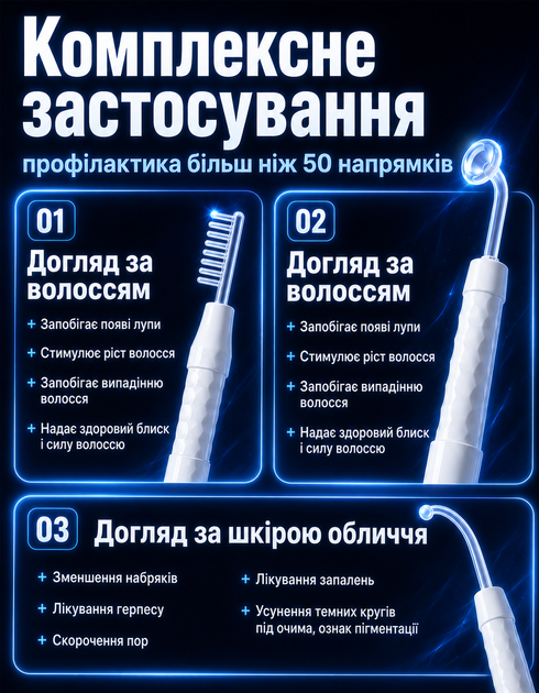 Дарсонваль LZ 006-A для ухода за волосами, кожей лица и тела в домашних условиях, Косметологический аппарат, Мощная расческа для дарсонвализации, 4 Универсальных Насадки - изображение 4