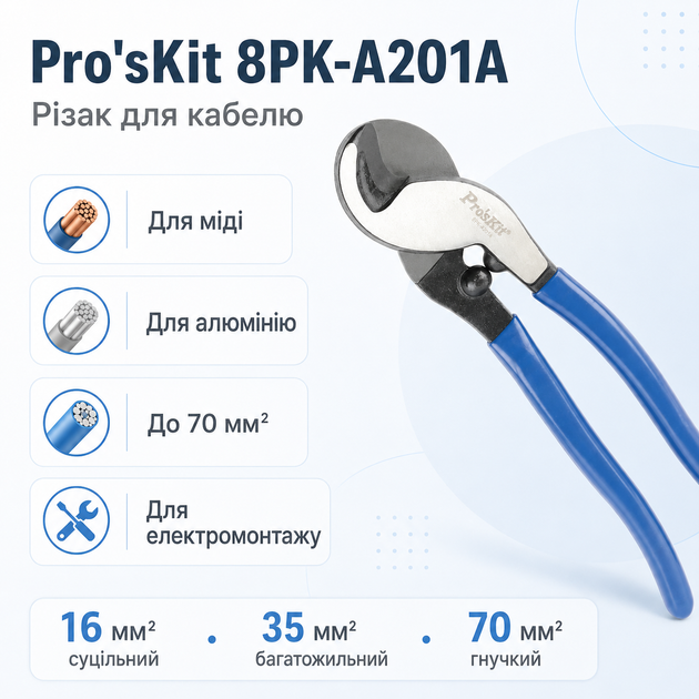 Резак для точной резки провода Pro'sKit 8PK-A201A алюминиевый кабель до 70 мм² резка Синий - изображение 2