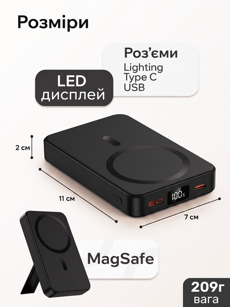 PowerBank з MagSafe 10000 mAh – Магнітний павербанк магсейф повербанк бездротовий магсейв / Швидка зарядка 22.5W / Підставка / Дисплей з рівнем заряду V-0017 - зображення 7