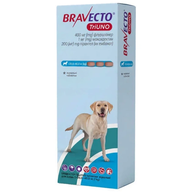 Бравекто ТриУНО (Bravecto TriUNO) три жувальні таблетки для собак вагою 20-40кг від бліх, кліщів та гельмінтів, 3 таб 400 мг - Фото 1 Бравекто ТриУНО (Bravecto TriUNO) три жувальні таблетки для собак вагою 20-40кг від бліх, кліщів та гельмінтів, 3 таб 400 мг - зображення 1