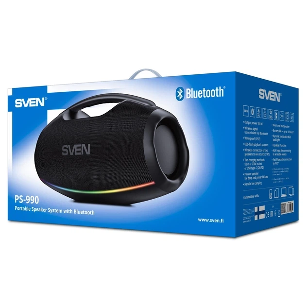 Портативная Bluetooth колонка-бумбокс SVEN PS-990 180 Вт, IPX5, RGB-подсветка, аккумулятор 5200 мАч, TWS, USB, FM-радио, Black - изображение 8
