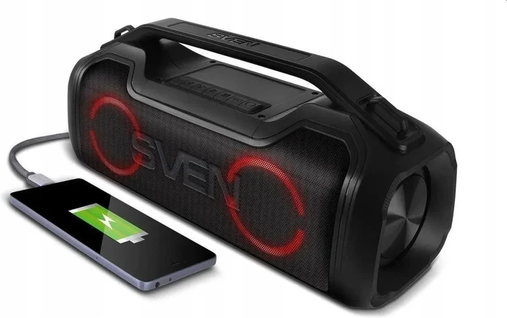 Портативная Bluetooth колонка SVEN PS-390 Black 50 Вт, IPX5, TWS, RGB подсветка, Power Bank, USB Type-C, MicroSD - изображение 2