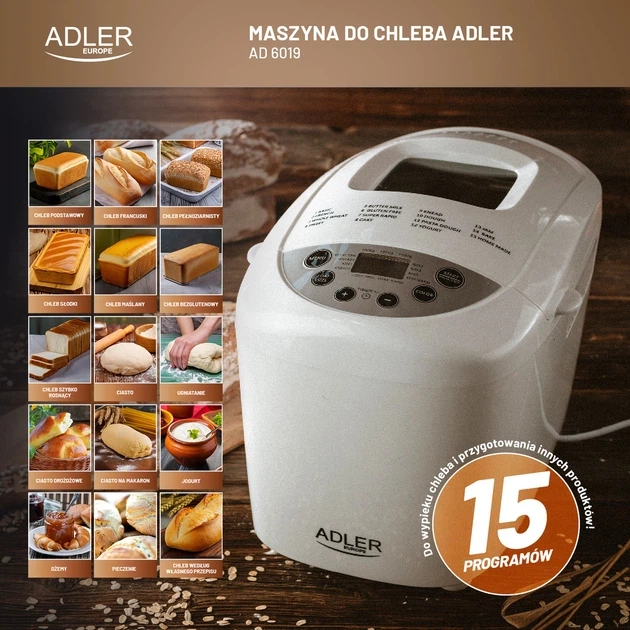 Хлебопечка Adler AD 6019, 850 Вт, 15 программ, 2 тестомесильника, съемная форма с антипригарным покрытием, таймер до 15 ч, домашняя выпечка - изображение 7
