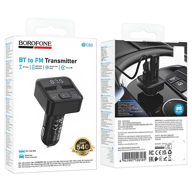 Автомобильный FM-модулятор BOROFONE BC63 Selecto Bluetooth 5.4 с зарядкой 2 x USB-A 15W Max Черный - изображение 6