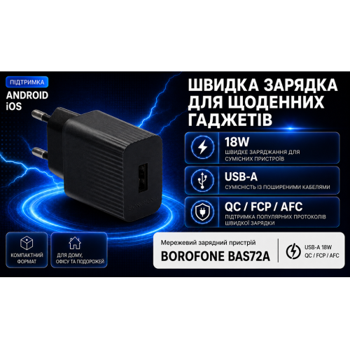 Сетевое зарядное устройство Borofone BAS72A USB-A 18W QC Black - изображение 4