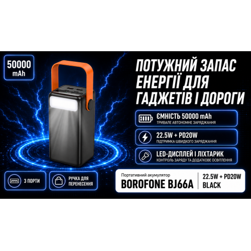 Power Bank Borofone BJ66A 50000 mAh 22.5W + PD 20W Black LED-дисплей фонарик - изображение 4