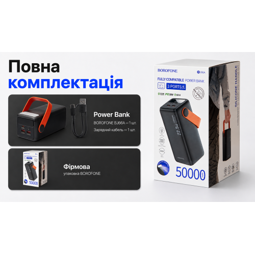 Power Bank Borofone BJ66A 50000 mAh 22.5W + PD 20W Black LED-дисплей фонарик - изображение 5