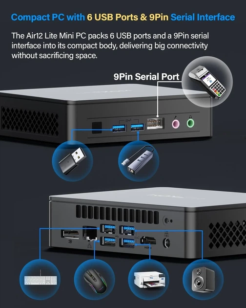 Міні ПК GEEKOM Air12 Lite / Intel N100 / RAM 8GB / SSD 256GB / 1 x HDMI / LAN / Wi-Fi 5 / Bluetooth 5.1 / Windows 11 Pro / Чорний (100644225) - зображення 3