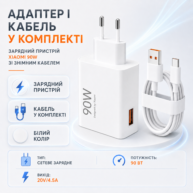 Блок питания Xiaomi 90W с кабелем USB-C белый сетевой адаптер PD QC для быстрой зарядки смартфонов планшетов ноутбуков - Фото 5 Блок питания Xiaomi 90W с кабелем USB-C белый сетевой адаптер PD QC для быстрой зарядки смартфонов планшетов ноутбуков - изображение 5