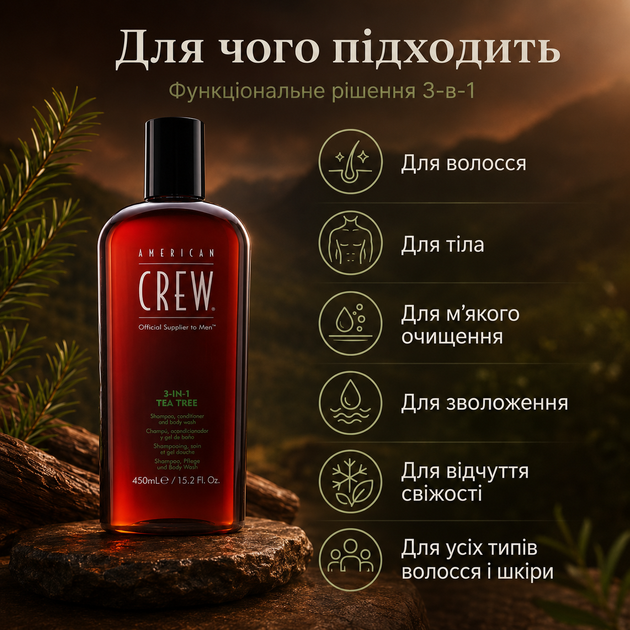 Шампунь 3-в-1 American Crew 3 IN 1 Tea Tree Shampoo 450 мл для волос и тела с маслом чайного дерева, мятой и освежающим эффектом - изображение 4