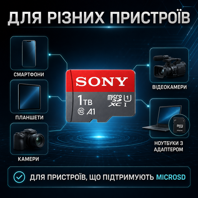 Карта памяти Sony microSDXC 1TB 1024 ГБ Class 10 (C10 U1) с адаптером, флеш карта для фото, видео и файлов - изображение 4