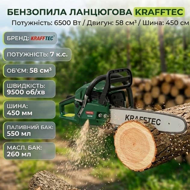 Бензопила ланцюгова KRAFFTEC 6500 Вт 45 см 58 см³ 7 к.с. 9500 об/хв професійна - Фото 1 Бензопила ланцюгова KRAFFTEC 6500 Вт 45 см 58 см³ 7 к.с. 9500 об/хв професійна - зображення 1