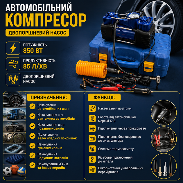Автомобильный компрессор с двухпоршневым насосом 12V - Фото 3 Автомобильный компрессор с двухпоршневым насосом 12V - изображение 3