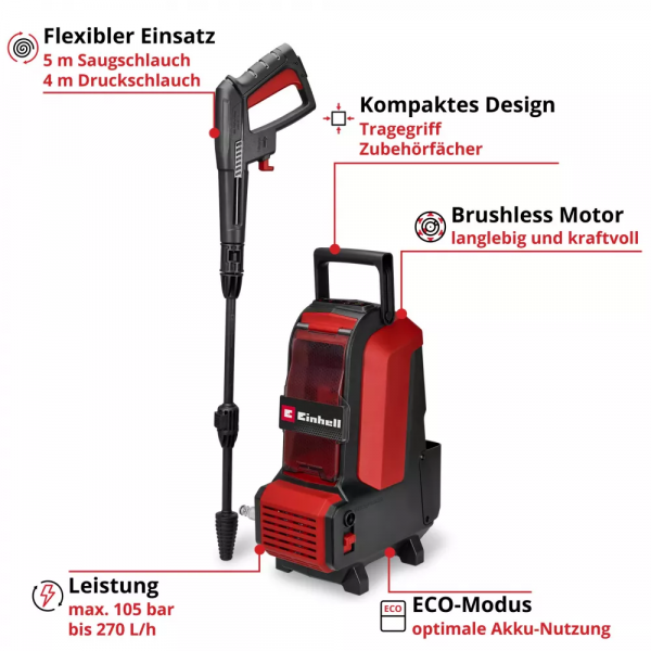 Минимойка высокого давления аккумуляторная Einhell hypresso 36/105 36в 105бар 270л/ч шланг 4м 3.5кг без акб и зп 4140160 - изображение 2