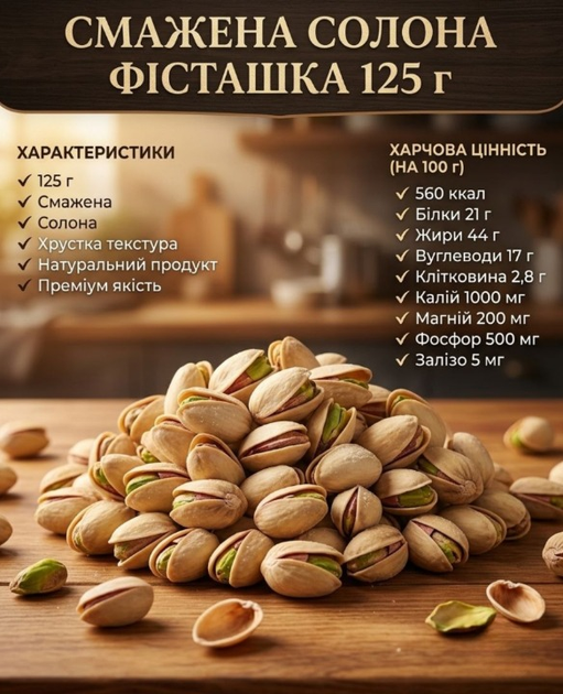Фісташка смажена солона 125 г горіхи 560 ккал корисний снек - Фото 1 Фісташка смажена солона 125 г горіхи 560 ккал корисний снек - зображення 1
