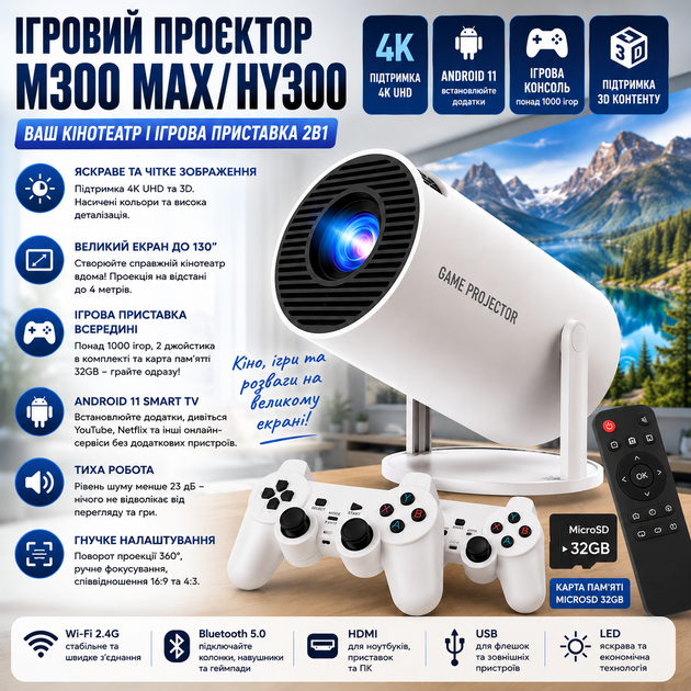 Проектор Game Projector M300 MAX/HY300 4K UHD Android 11 приставка для домашнього кінотеатру з 2 джойстиками, пультом та microSD 32GB, ігровий портативний проектор для дому - Фото 3 Проектор Game Projector M300 MAX/HY300 4K UHD Android 11 приставка для домашнього кінотеатру з 2 джойстиками, пультом та microSD 32GB, ігровий портативний проектор для дому - зображення 3