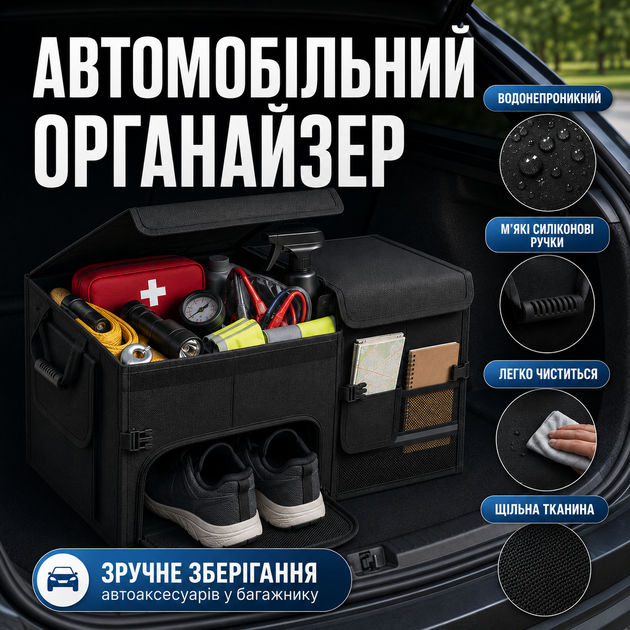 Органайзер в багажник авто сумка органайзер автомобільний в багажник автосумка з перегородками складний чорний Kayfovo BIC-1 - Фото 1 Органайзер в багажник авто сумка органайзер автомобільний в багажник автосумка з перегородками складний чорний Kayfovo BIC-1 - зображення 1
