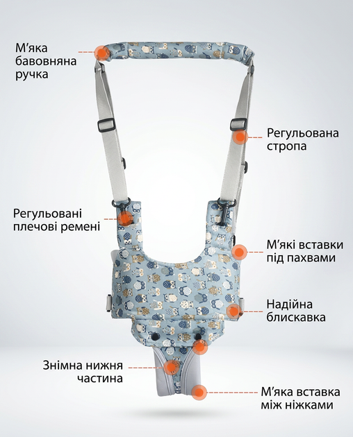 Дитячі віжки-ходунки для перших кроків з м'якою підтримкою, Принт "Сови", Блакитний - изображение 6