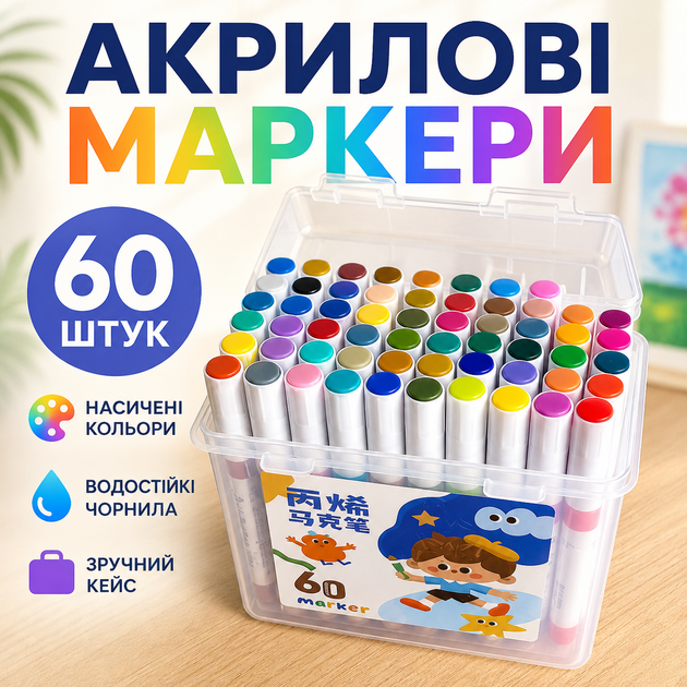 Маркеры акриловые 60 штук в кейсе. Набор для творчества. Фломастеры для раскрасок. Подарок для ребенка. - изображение 3