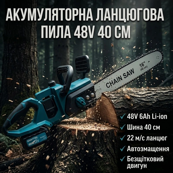 Акумуляторна ланцюгова пила Krafftec Germany PRO CS-4002 48V 6Ah 40 см безщіткова пила для обрізки дерев і рубки гілок з двома акумуляторами та зарядним пристроєм - Фото 1 Акумуляторна ланцюгова пила Krafftec Germany PRO CS-4002 48V 6Ah 40 см безщіткова пила для обрізки дерев і рубки гілок з двома акумуляторами та зарядним пристроєм - зображення 1