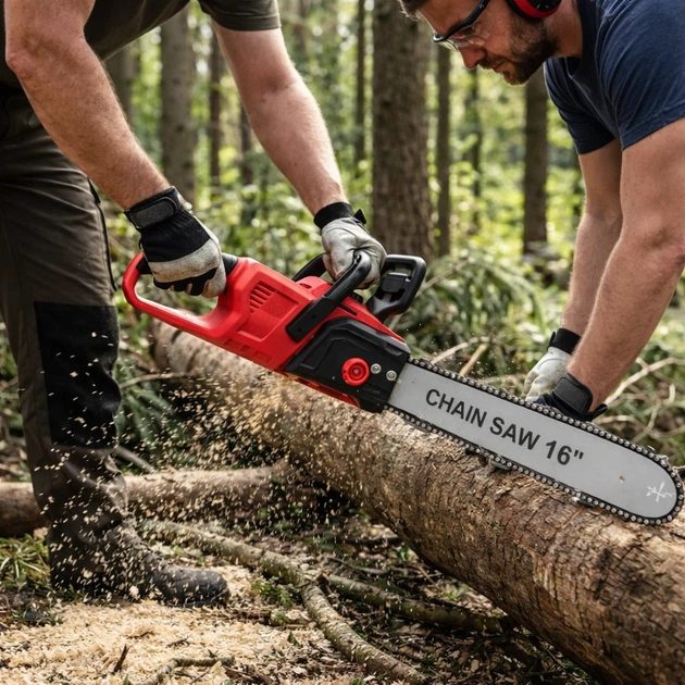 Акумуляторна ланцюгова пилка Electric SAW 16 дюймів професійна пилка RED для заготівлі дров з 2 акумуляторами у жорсткому валізі - зображення 2