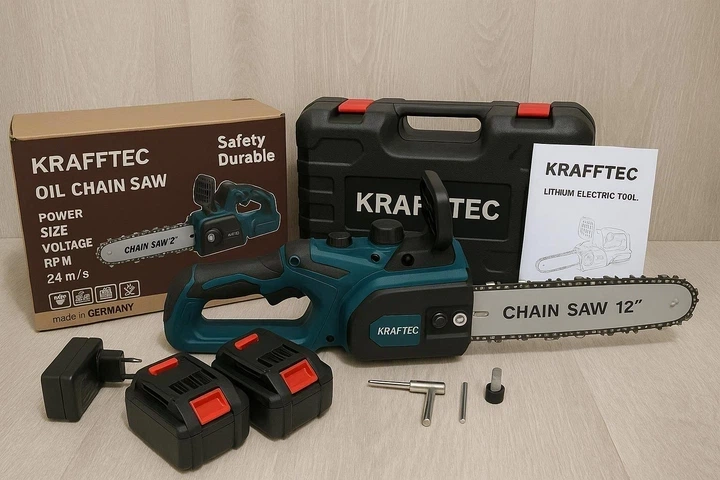 Акумуляторна ланцюгова пила Krafftec 12 дюймів 52V 6Ah 2500 Вт безщіткова ланцюгова електропила для саду та заготівлі з автоматичним змащенням 2 АКБ 10000 об/хв і кейсом - изображение 3