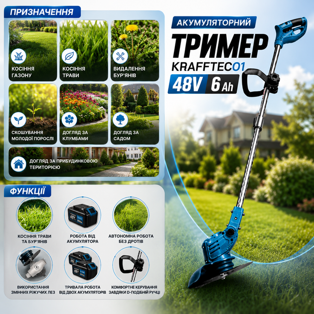 Аккумуляторный триммер Krafftec 01 48V 6Ah - изображение 3