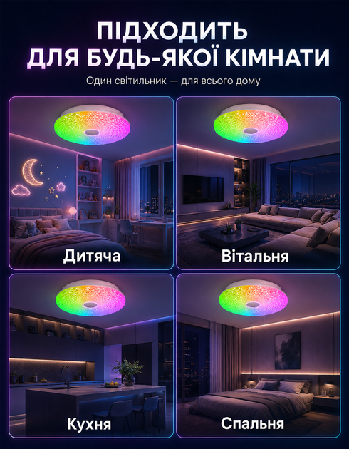 Люстра потолочная RGB с Bluetooth 60W Потолочный RGB светильник - Фото 4 Люстра потолочная RGB с Bluetooth 60W Потолочный RGB светильник - изображение 4