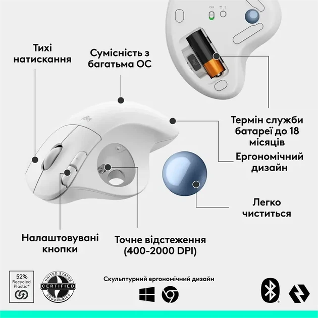 Миша Logitech Ergo M575S Offwhite (910-007030) - Фото 8 Миша Logitech Ergo M575S Offwhite (910-007030) - изображение 8