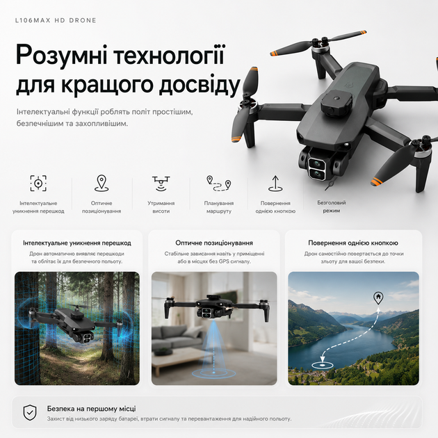 Дрон L106 MAX 4K квадрокоптер с камерой, двойная камера, FPV Wi-Fi, бесщеточные моторы, до 150 м, до 40 мин полёта (2 АКБ), стабилизация, складной дрон для новичков, кейс - Фото 9 Дрон L106 MAX 4K квадрокоптер с камерой, двойная камера, FPV Wi-Fi, бесщеточные моторы, до 150 м, до 40 мин полёта (2 АКБ), стабилизация, складной дрон для новичков, кейс - изображение 9