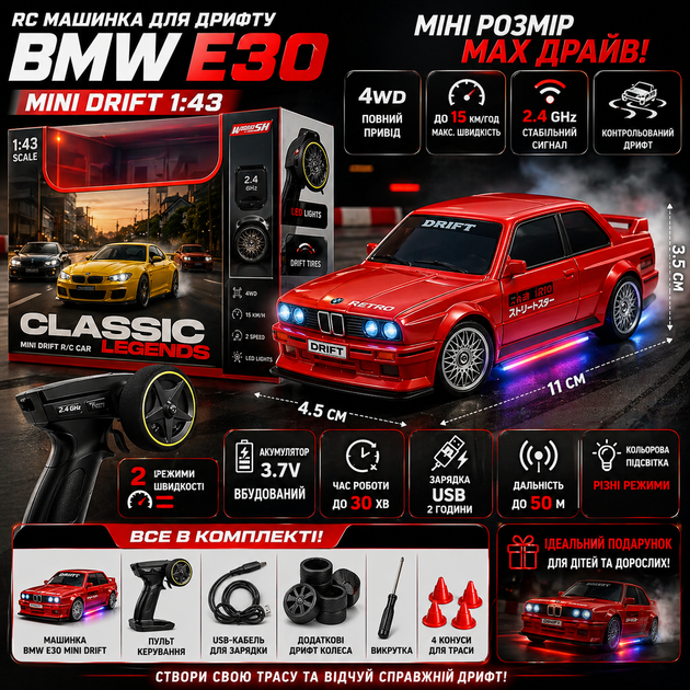 Радиоуправляемая машинка BMW E30 Mini Drift 1:43 4WD на пульте управления, RC дрифт автомобиль до 15 км/ч, LED, USB, комплект конусов - изображение 10
