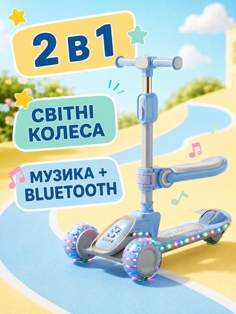 Дитячий триколісний самокат 2в1 блакитний складаний із сидінням підсвічуванням коліс музикою Bluetooth та регульованим кермом (49675955) - зображення 5