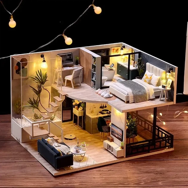 DIY румбокс Сучасний двоповерховий будинок CUTEROOM з підсвіткою та музичною скринькою - Фото 2 DIY румбокс Сучасний двоповерховий будинок CUTEROOM з підсвіткою та музичною скринькою - зображення 2