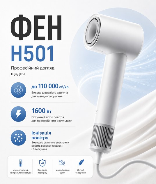 Потужний фен Mijia H501 з піддувом для сушіння волосся ionic hair dryer Фен з іонізацією компактний Фен з регулюванням температури сучасний - зображення 4