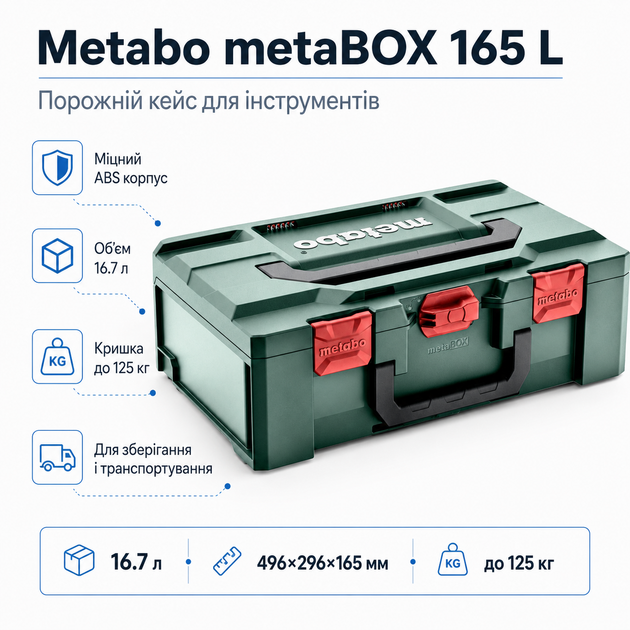 Кейс для инструмента Metabo metaBOX 165 Зеленый пластиковый 16.7 л для хранения и транспортировки инструмента (626889000) - Фото 2 Кейс для инструмента Metabo metaBOX 165 Зеленый пластиковый 16.7 л для хранения и транспортировки инструмента (626889000) - изображение 2