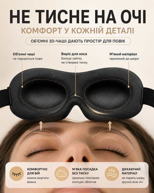 Маска для сна 3D анатомическая Blackout светонепроницаемая повязка на глаза черная дышащая мягкая объемная с мягкими 3D чашами для медитации и сна маска от света беруши в подарок - Фото 3 Маска для сна 3D анатомическая Blackout светонепроницаемая повязка на глаза черная дышащая мягкая объемная с мягкими 3D чашами для медитации и сна маска от света беруши в подарок - изображение 3