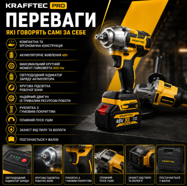 Акумуляторний набір 2-в-1: шліфувальна машина та гайковерт Krafftec; безщітковий комплект інструментів з акумулятором; безщітковий набір 48 В - изображение 5