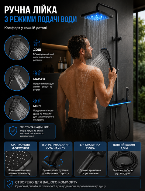 Душова система зі змішувачем тропічний душ душовий гарнітур стійка з LED підсвіткою від води квадратна лійка металева настінна змішувач-полиця кнопочне керування - зображення 2