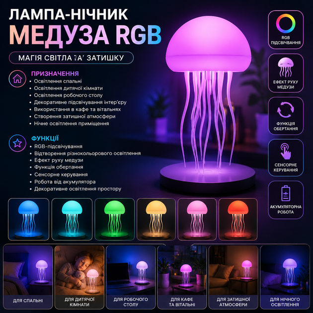 Настольная лампа-ночник в виде медузы с RGB-подсветкой - изображение 3