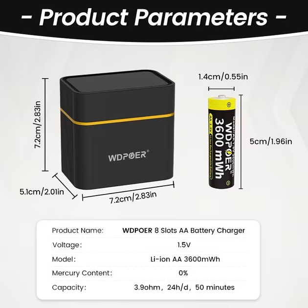 Комплект літій-іонних акумуляторів WDPOER AA (1.5V, 3600 mWh) — 8 елементів із розумним зарядним боксом Type-C - изображение 4