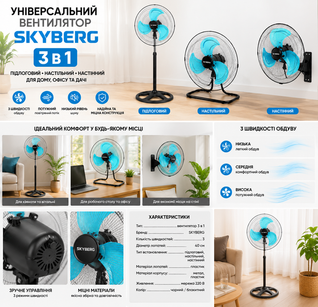 Вентилятор напольный SKYBERG 3 в 1 универсальный с 3 скоростями для дома офиса настольный и настенный вариант установки мощный - изображение 7