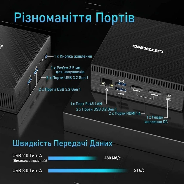 Мини ПК Letsung Golite 11 / Intel Celeron N4020C / RAM 6GB / SSD 128GB / 2 x HDMI / LAN / Wi-Fi 5 / Bluetooth 4.2 / Windows 11 / Черный (101936078) - Уценка - изображение 2