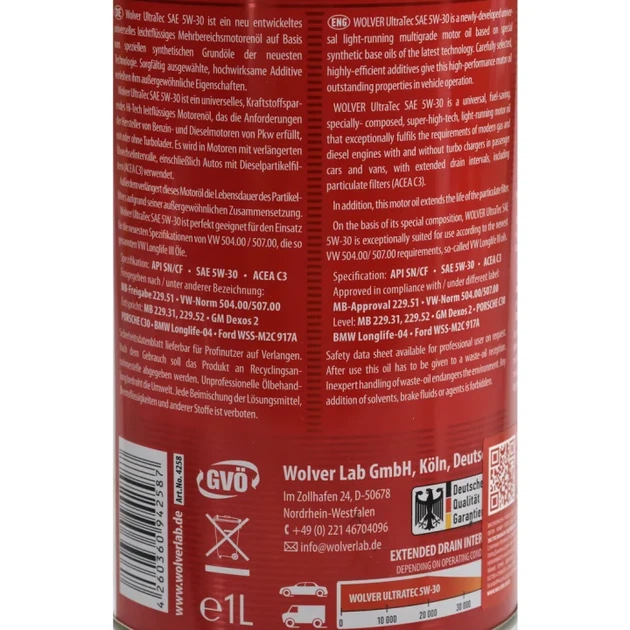 Олива моторна Wolver UltraTec 5W-30 (1л.) - Фото 2 Олива моторна Wolver UltraTec 5W-30 (1л.) - зображення 2