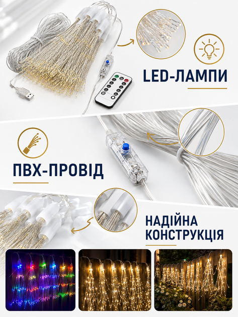 Гірлянда світлодіодна 10 м теплий білий і мультиколір мікс на USB з режимами світіння IP44 (49675988) - зображення 6
