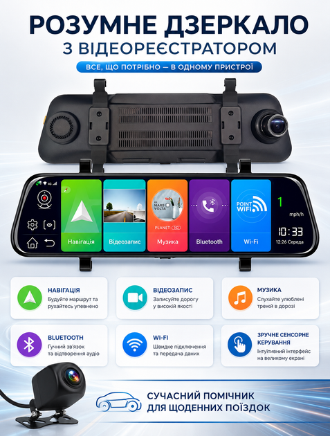 Зеркало-видеорегистратор автомобильное умное DVR Android 4G с камерой заднего вида дисплеем 9.66" Wi-Fi + Карта памяти 64 Гб - изображение 2