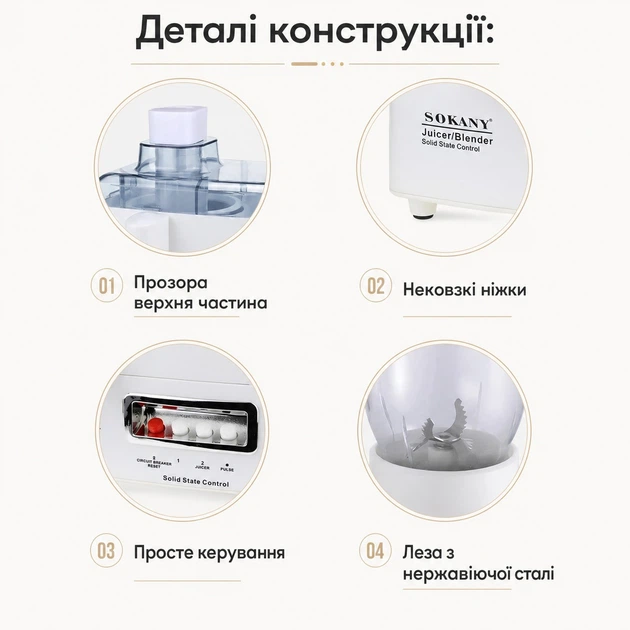 Соковыжималка центробежная электрическая 4в1 Sokany 800W с блендером измельчителем и кофемолкой - изображение 6