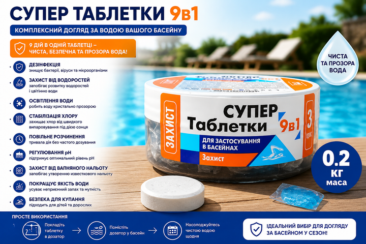 Средство для очищения воды в бассейне Таблетка Супер для дезинфекции воды WWW 9в1 (200гр) - Фото 2 Средство для очищения воды в бассейне Таблетка Супер для дезинфекции воды WWW 9в1 (200гр) - изображение 2