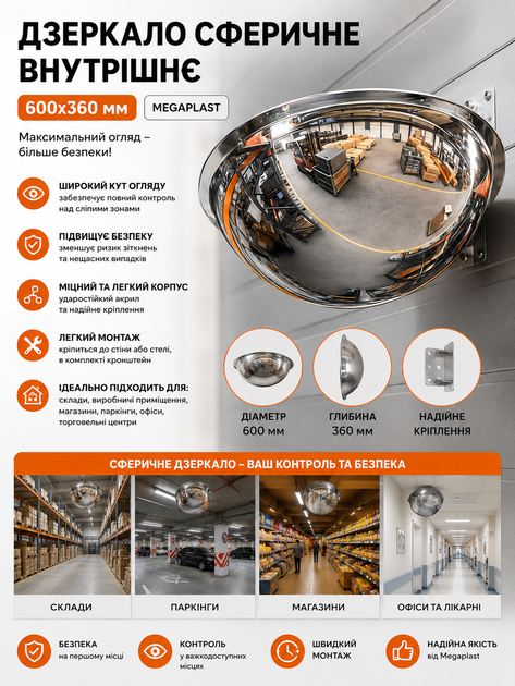 Зеркало сферическое внутреннее 600x360 мм Megaplast - изображение 2