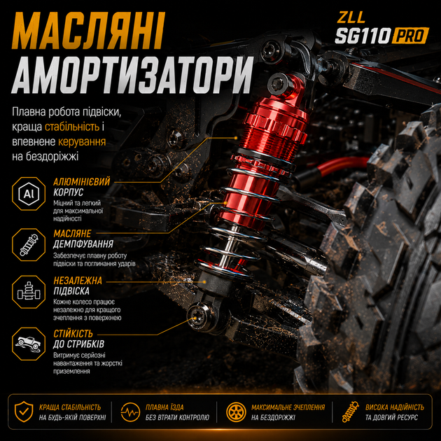 Радіокерована машинка ZLL SG110 PRO 1:10 4WD на пульті керування до 60 км/год, RC Monster Truck, позашляховик, масляні амортизатори, акумулятор - зображення 6